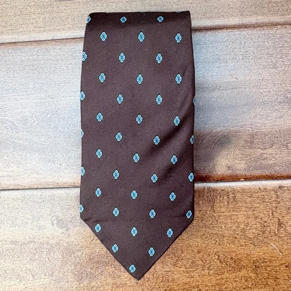 Vintage Christian Dior Geometric Diamond Silk Tie Mens OS Brown USA